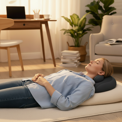 Woman using a neck and shoulder massager in a home setting with a desk and chair in the background.